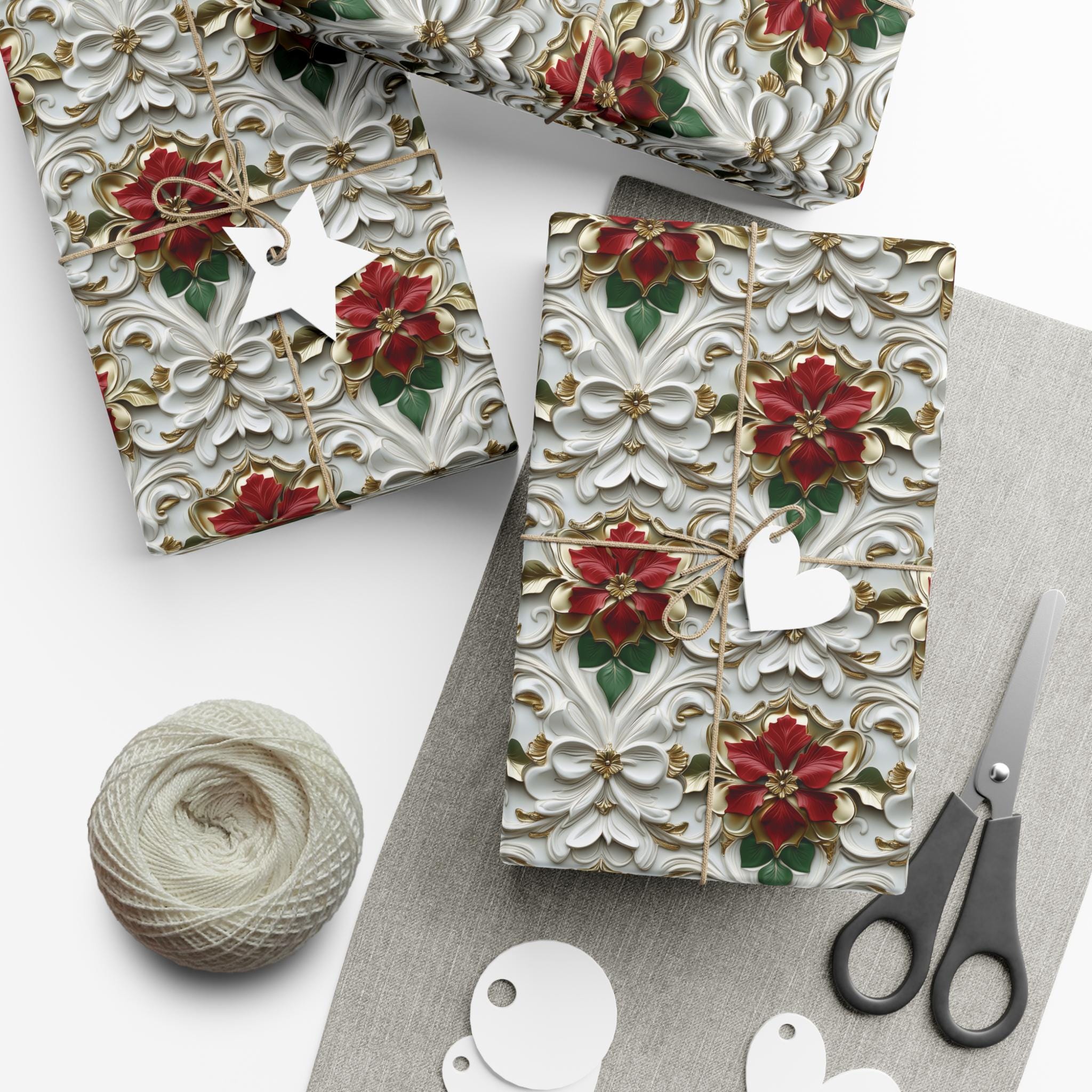 Elegant Poinsettia Christmas Wrapping Paper, 3D Effect Red and Gold Floral Design on White Damask Background for Luxurious Holiday Gift Wrap