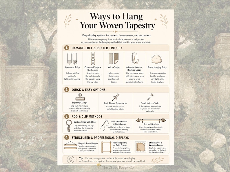 Puede incluir: Una infograf&iacute;a instructiva titulada Ways to Hang Your Woven Tapestry, que presenta cuatro categor&iacute;as de m&eacute;todos de exhibici&oacute;n, incluyendo tiras adhesivas, pinzas, anillos para cortinas y marcos de madera, con texto explicativo.