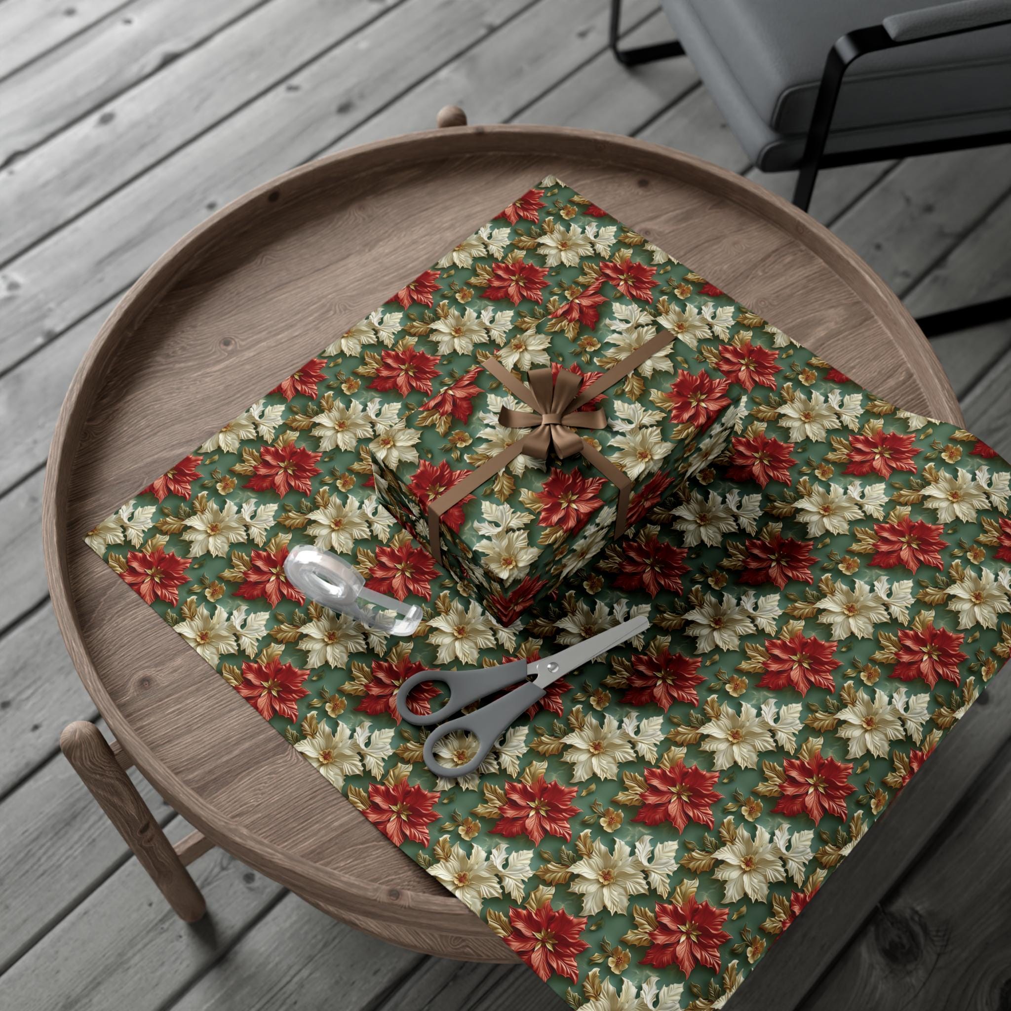 Elegant Poinsettia Christmas Wrapping Paper, Red & White Floral Design with Gold Accents on Green Background for Luxurious Holiday Gift Wrap
