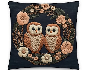 Owl Couple Embroidered Effect Throw Pillow Cover + Insert, Woodland Barn Owls with Floral Wreath, Cozy Cottagecore Animal Decor Accent