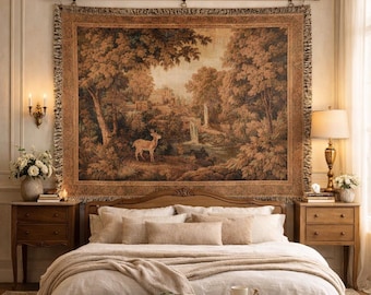 Vintage Pastoral Scene Tapestry | Deer Landscape, French Verdure Wall Hanging, Antique Forest Landscape, Vintage French Country Decor