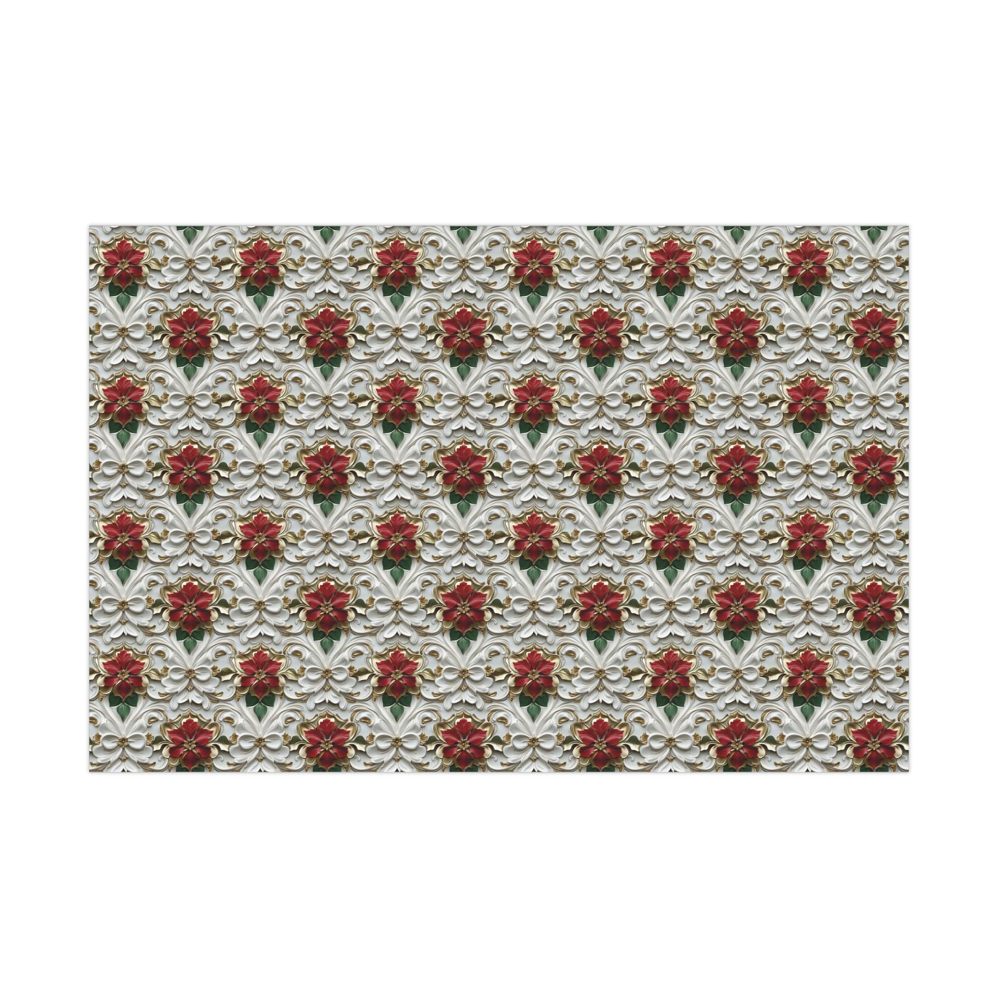 Elegant Poinsettia Christmas Wrapping Paper, 3D Effect Red and Gold Floral Design on White Damask Background for Luxurious Holiday Gift Wrap