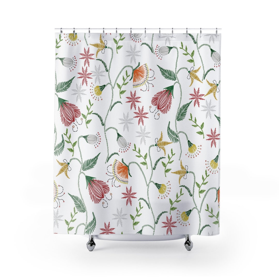 Whimsical Faux Embroidered Floral Shower Curtain Folk Art Bohemian