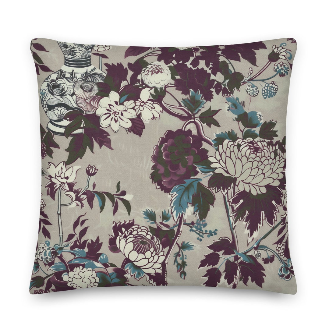 Chinoiserie Floral Throw Pillow Cover + Insert, Vintage-inspired ...