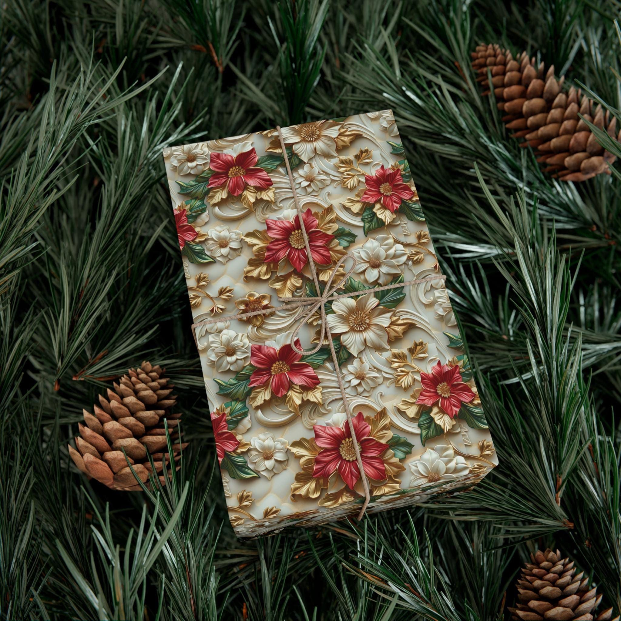 Luxurious 3D Effect Poinsettia Christmas Wrapping Paper – Red and White Flowers with Gold Accents for Elegant Holiday Gift Wrap