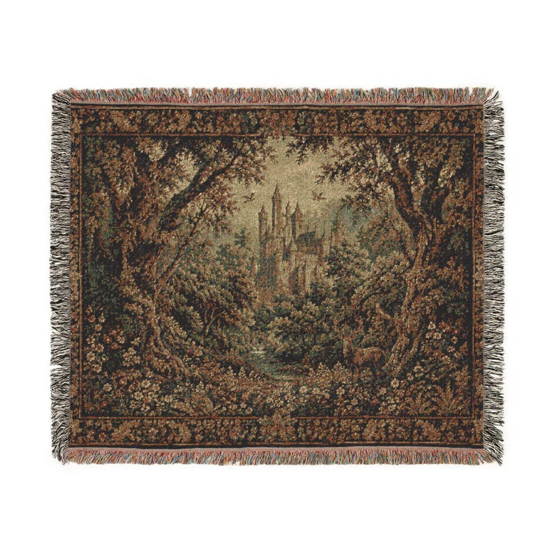 Tapiz medieval de castillo en el bosque, tapiz gótico de vegetación para colgar en la pared, decoración de pared vintage extragrande con paisaje de castillo. 60" × 50"