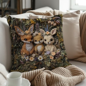 Woodland Animal Pillow with Insert, Fox Bunny and Squirrel Embroidered Effect Friends, Forest Nursery Decor, Cottagecore Nature Gift Cushion