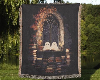 Ghost Lovers Gothic Window Blanket | Dark Academia Woven Throw Tapestry, Cozy Spooky Library Decor, Cottagecore Fall Halloween Gift