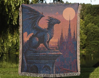 Moonlit Dragon Castle Woven Throw Blanket | Gothic Fantasy Tapestry, Medieval Dark Academia Decor, DnD Gamer Gift, Cozy Couch or Bed Throw