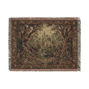 Tapiz medieval de castillo en el bosque, tapiz gótico de vegetación para colgar en la pared, decoración de pared vintage extragrande con paisaje de castillo. 52'' × 37''