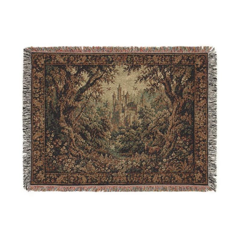 Tapiz medieval de castillo en el bosque, tapiz gótico de vegetación para colgar en la pared, decoración de pared vintage extragrande con paisaje de castillo. 52'' × 37''