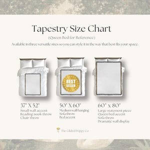 Puede incluir: Una tabla de tama&ntilde;os de tapices con tres tapices rectangulares sobre una cama queen. Las medidas son 37" x 52", 50" x 60" con un sello dorado de Best Seller y 60" x 80". Las etiquetas de texto describen cada tama&ntilde;o para pared o muebles.