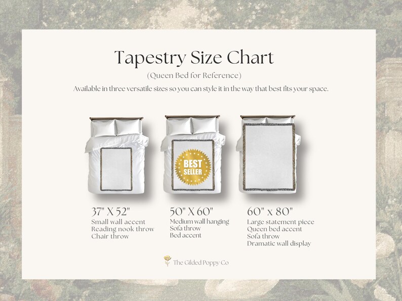 Puede incluir: Una tabla de tama&ntilde;os de tapices con tres tapices rectangulares sobre una cama queen. Las medidas son 37" x 52", 50" x 60" con un sello dorado de Best Seller y 60" x 80". Las etiquetas de texto describen cada tama&ntilde;o para pared o muebles.