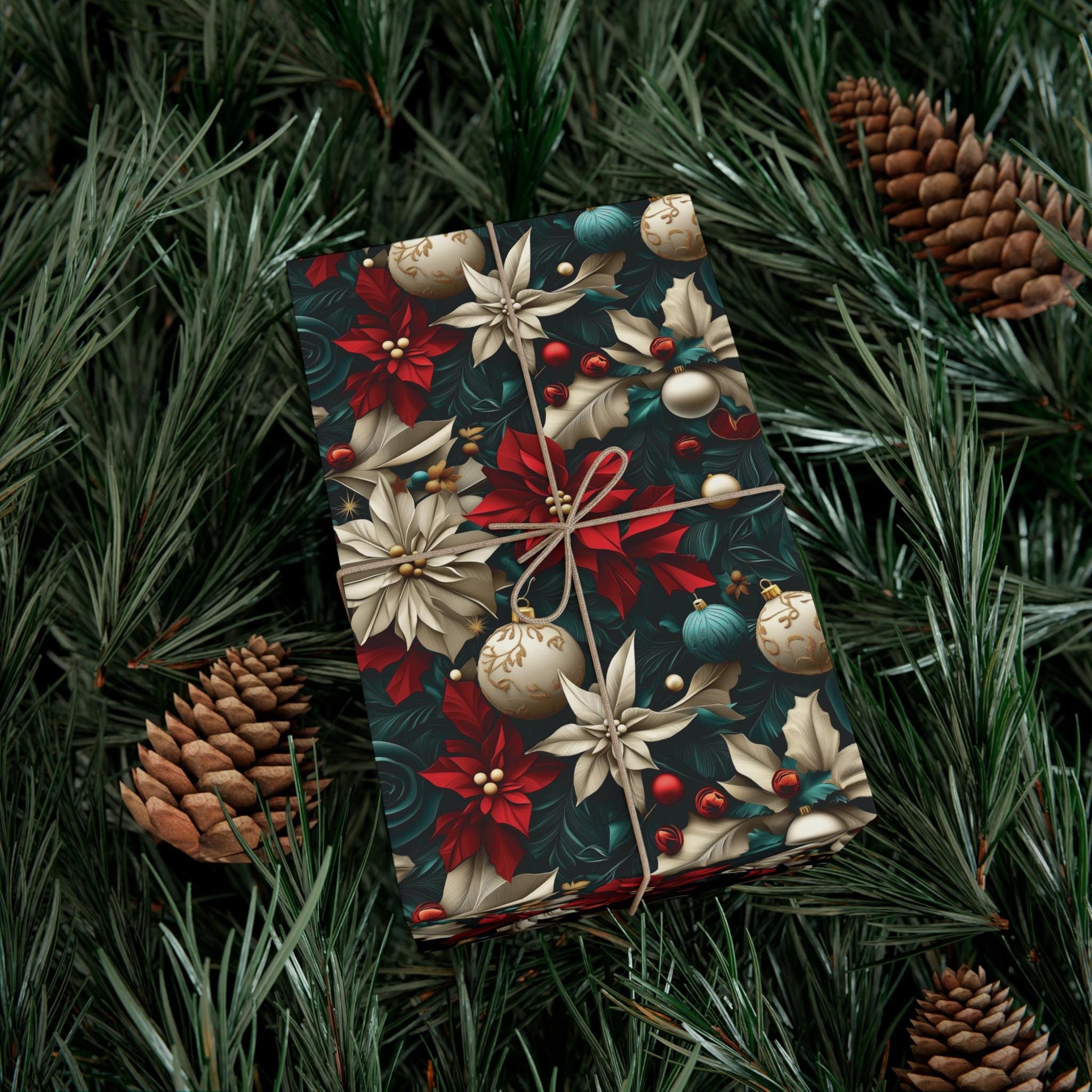 Elegant Christmas Wrapping Paper – 3D Textured Effect Poinsettias, Ornaments, and Holly Festive Holiday Gift Wrap, Unique Decorative Paper