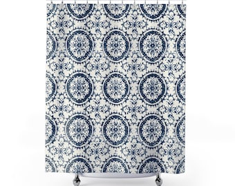 Blue White Medallion Motif Shower Curtain, Block Print Style Bathroom Decor, Designer Shower Curtain, Bathroom Accessories, Thibaut Inspired