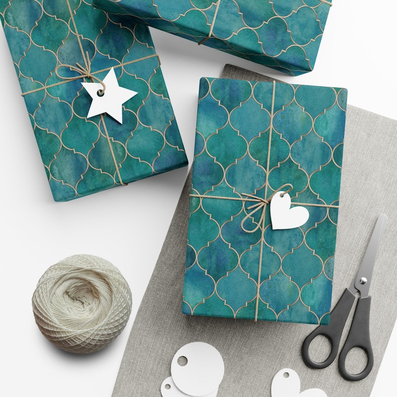 Luxurious Teal Moroccan Tile Wrapping Paper – Watercolor Gift Wrap With ...