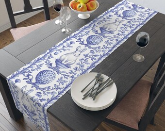 Whimsical Blue and White Bunny Toile Table Runner for Easter & Everyday Use, Cottagecore and Vintage Decor Accent, Grandmillenial Accents