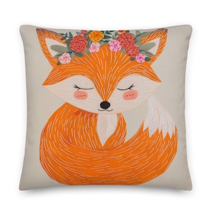 Floral Crown Throw Pillow Cover + Insert, Embroidered Effect Woodland Animal Decor for Nursery or Kids Room, Cute Orange Fox, Lumbar Pillow