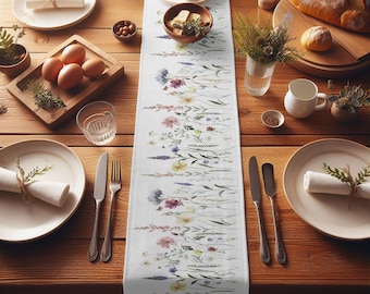 Watercolor Wildflower Table Runner – Cottagecore Botanical Floral Decor, Spring Farmhouse Accent, Rustic Wedding Table Setting, Table Linen