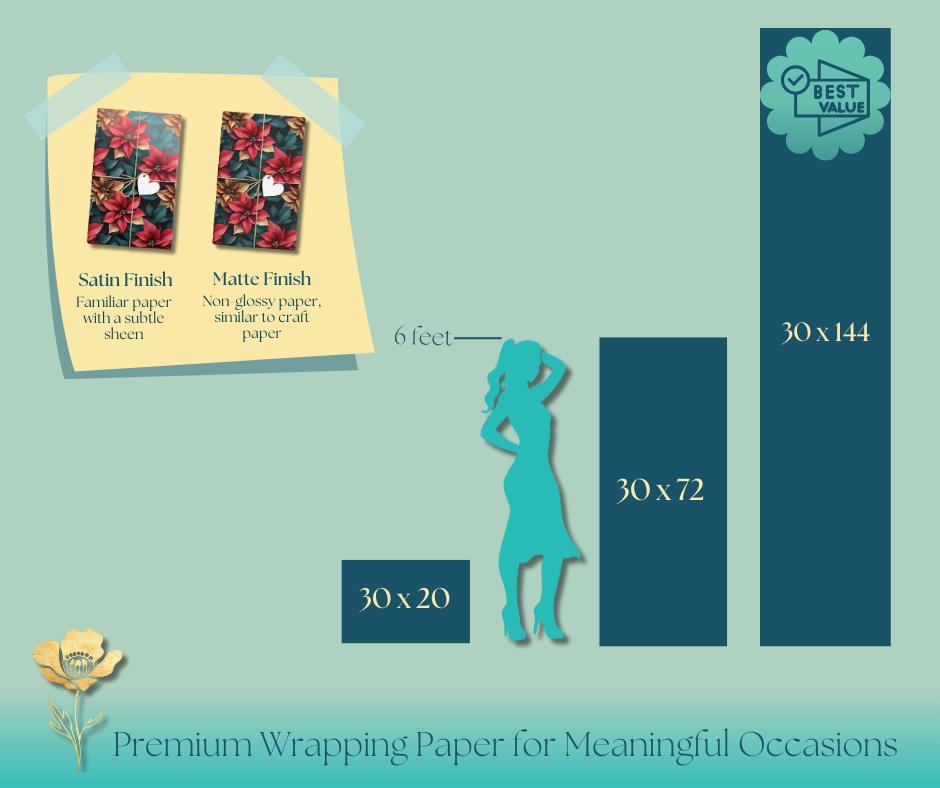 Elegant Poinsettia Christmas Wrapping Paper, Red & White Floral Design with Gold Accents on Green Background for Luxurious Holiday Gift Wrap
