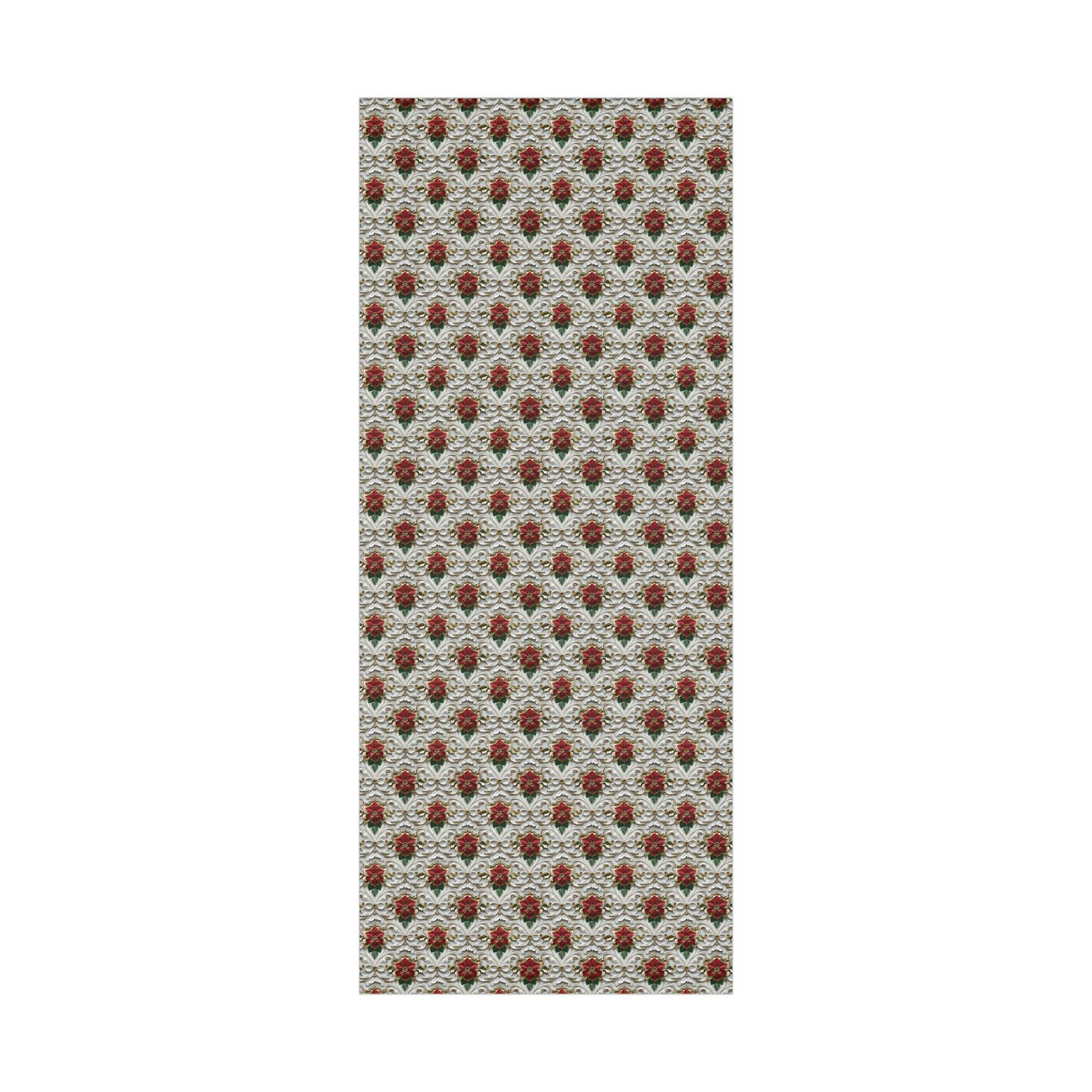 Elegant Poinsettia Christmas Wrapping Paper, 3D Effect Red and Gold Floral Design on White Damask Background for Luxurious Holiday Gift Wrap