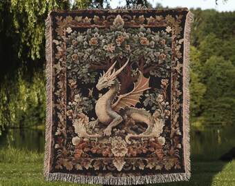 Medieval Aesthetic Dragon Blanket | Fairytale Inspired Decor Morris Style Cottagecore Nursery Fairycore Woven Throw Tapestry Botanical