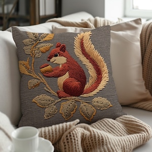 Rustic Squirrel Pillow, Embroidered Effect Woodland Decor with Acorn and Leaves, Cozy Fall Throw Pillow Cover + Insert, Autumn Animal Accent