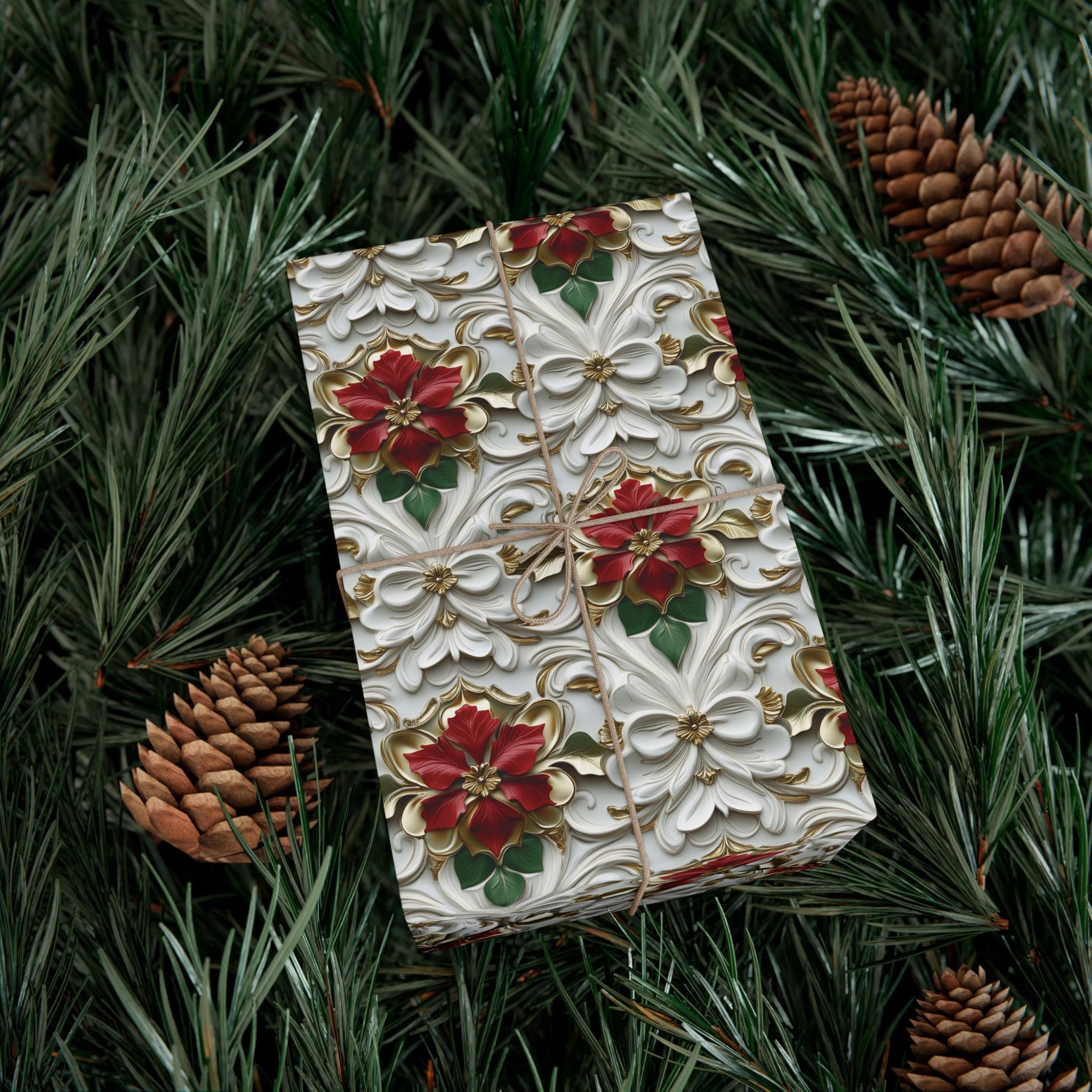 Elegant Poinsettia Christmas Wrapping Paper, 3D Effect Red and Gold Floral Design on White Damask Background for Luxurious Holiday Gift Wrap