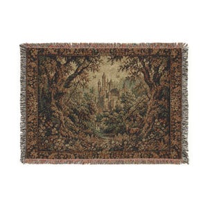 Tapiz medieval de castillo en el bosque, tapiz gótico de vegetación para colgar en la pared, decoración de pared vintage extragrande con paisaje de castillo. 80" × 60"