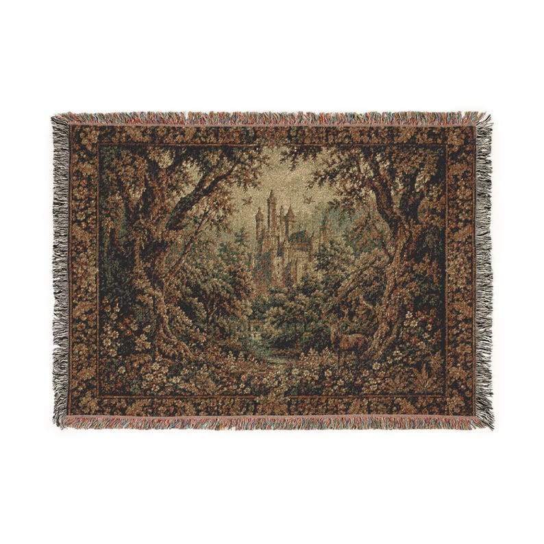 Tapiz medieval de castillo en el bosque, tapiz gótico de vegetación para colgar en la pared, decoración de pared vintage extragrande con paisaje de castillo. 80" × 60"