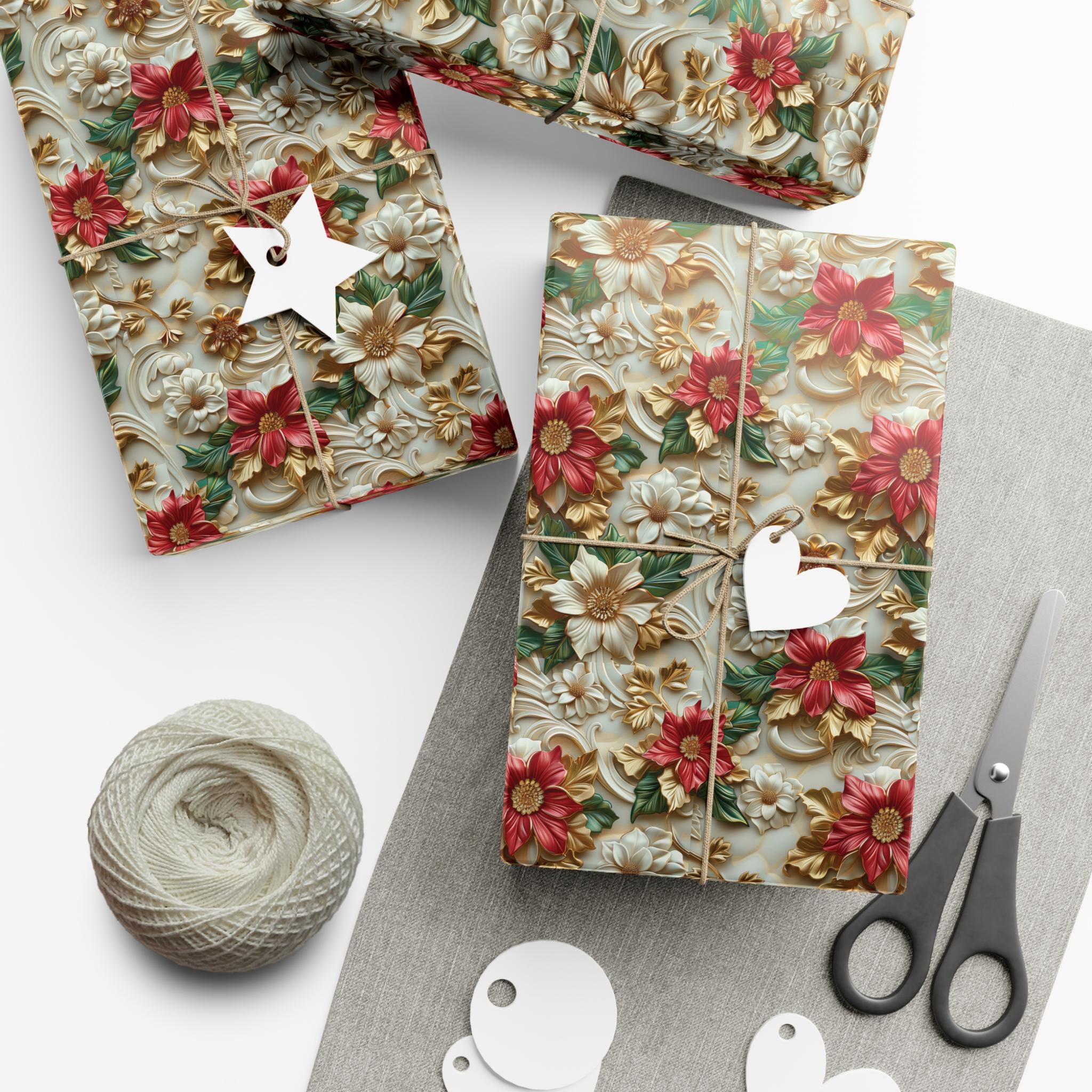 Luxurious 3D Effect Poinsettia Christmas Wrapping Paper – Red and White Flowers with Gold Accents for Elegant Holiday Gift Wrap