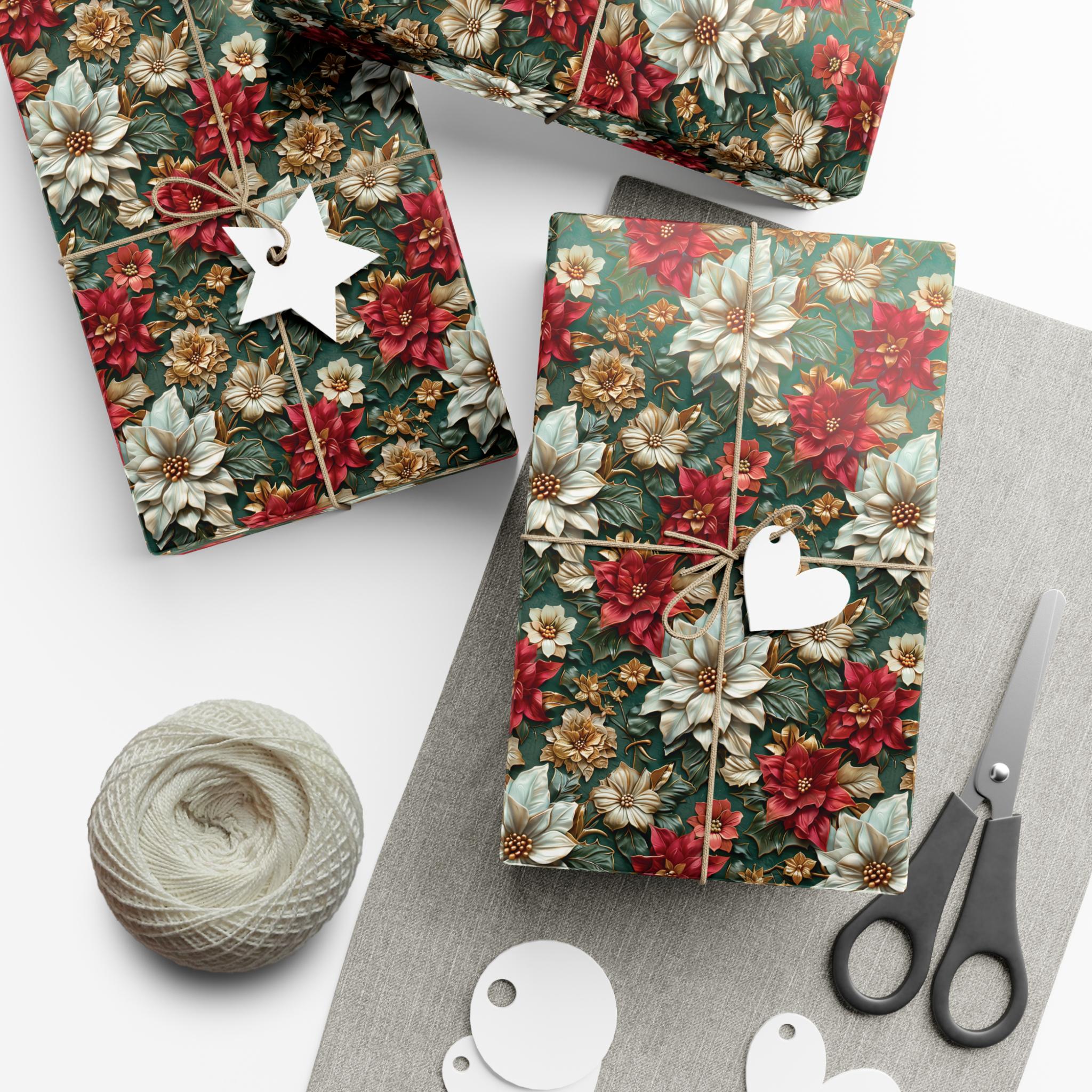 Elegant 3D Effect Poinsettia Christmas Wrapping Paper, Red, White & Gold Floral Design on Green Background for Luxurious Holiday Gift Wrap