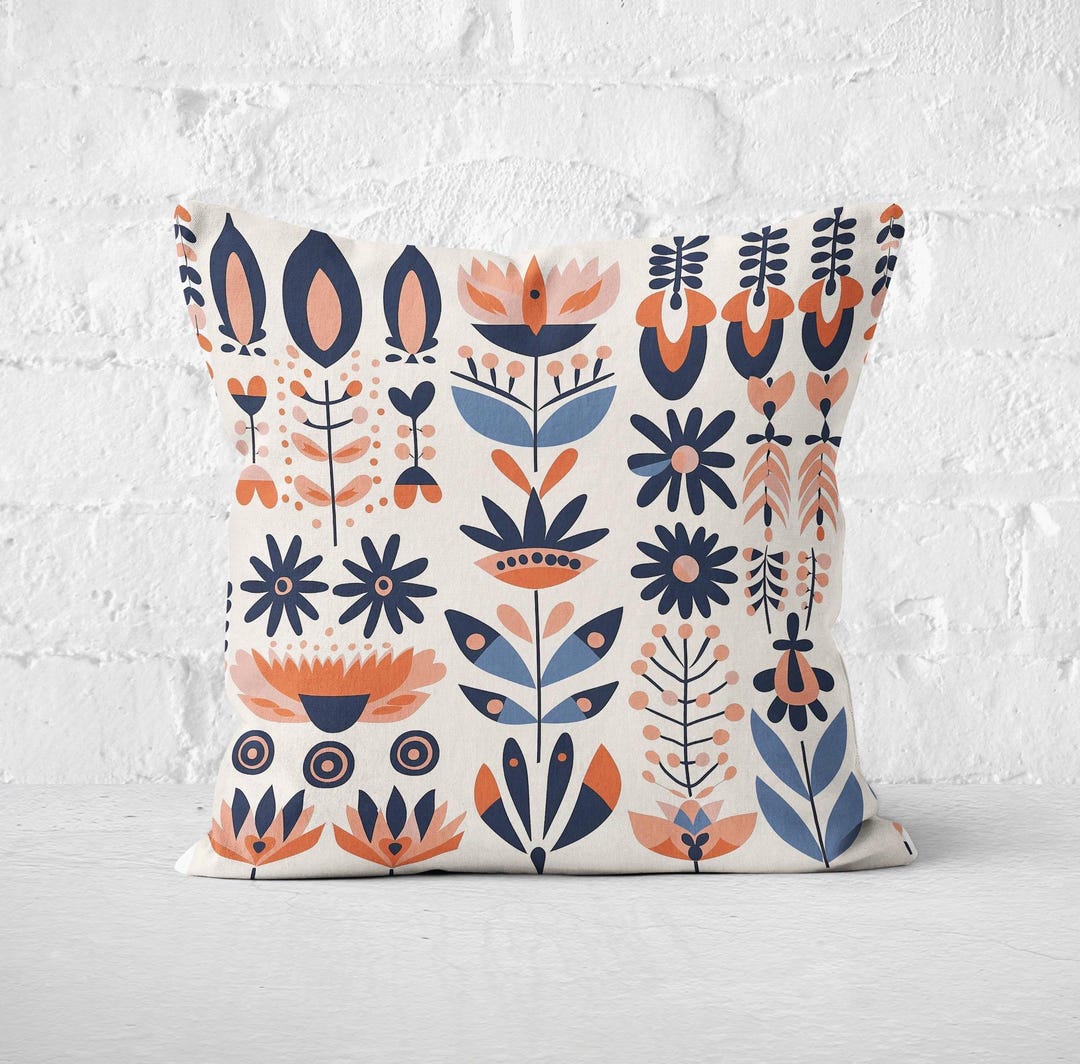 View of Scandinavian Folk Art Floral Throw Pillow Cover With Insert – Colorful ...