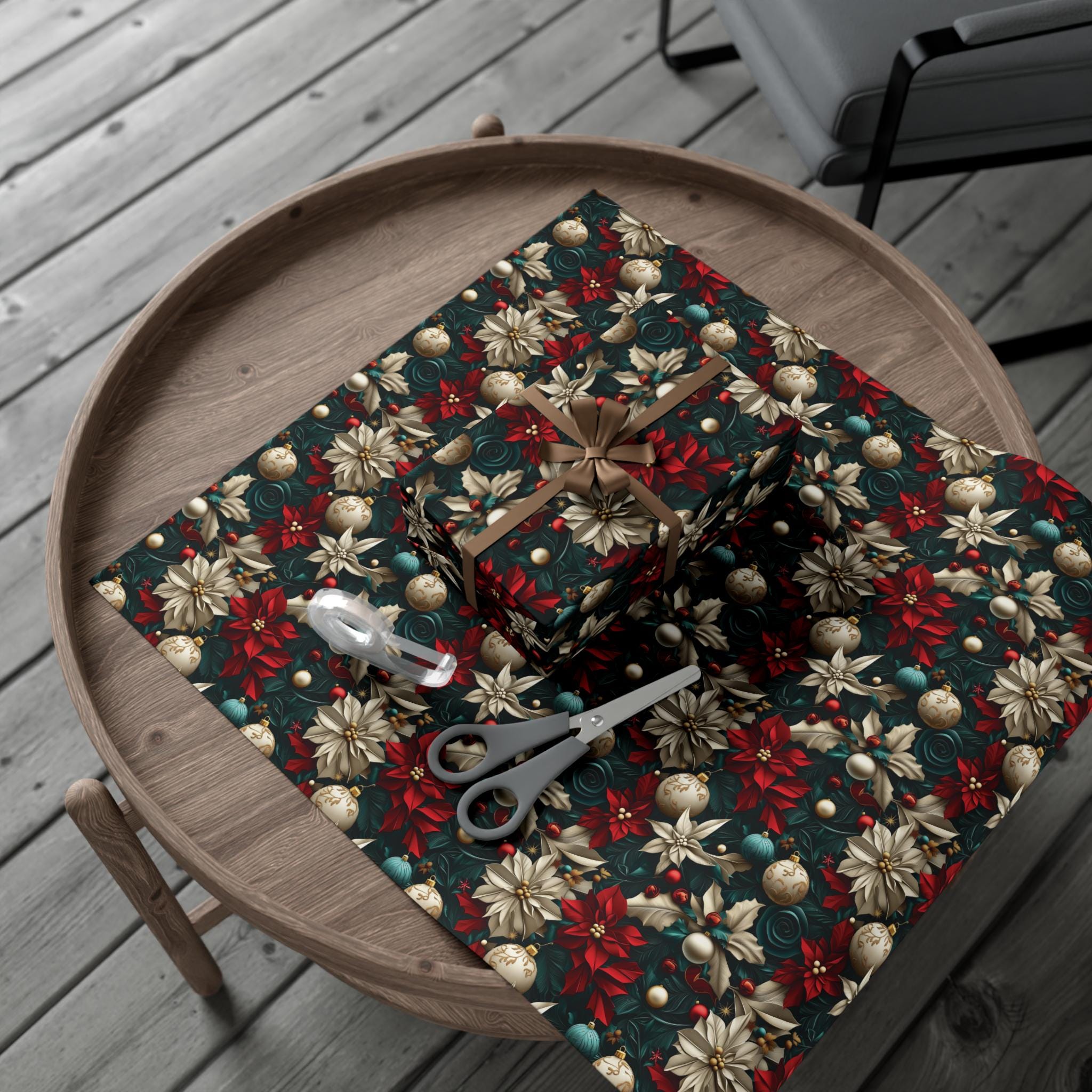 Elegant Christmas Wrapping Paper – 3D Textured Effect Poinsettias, Ornaments, and Holly Festive Holiday Gift Wrap, Unique Decorative Paper