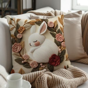 Sleeping Bunny Throw Pillow Cover + Insert, Blush Rose Wreath & White Rabbit, Cozy Woodland Nursery Decor, Cottagecore Accent, Lumbar Pillow