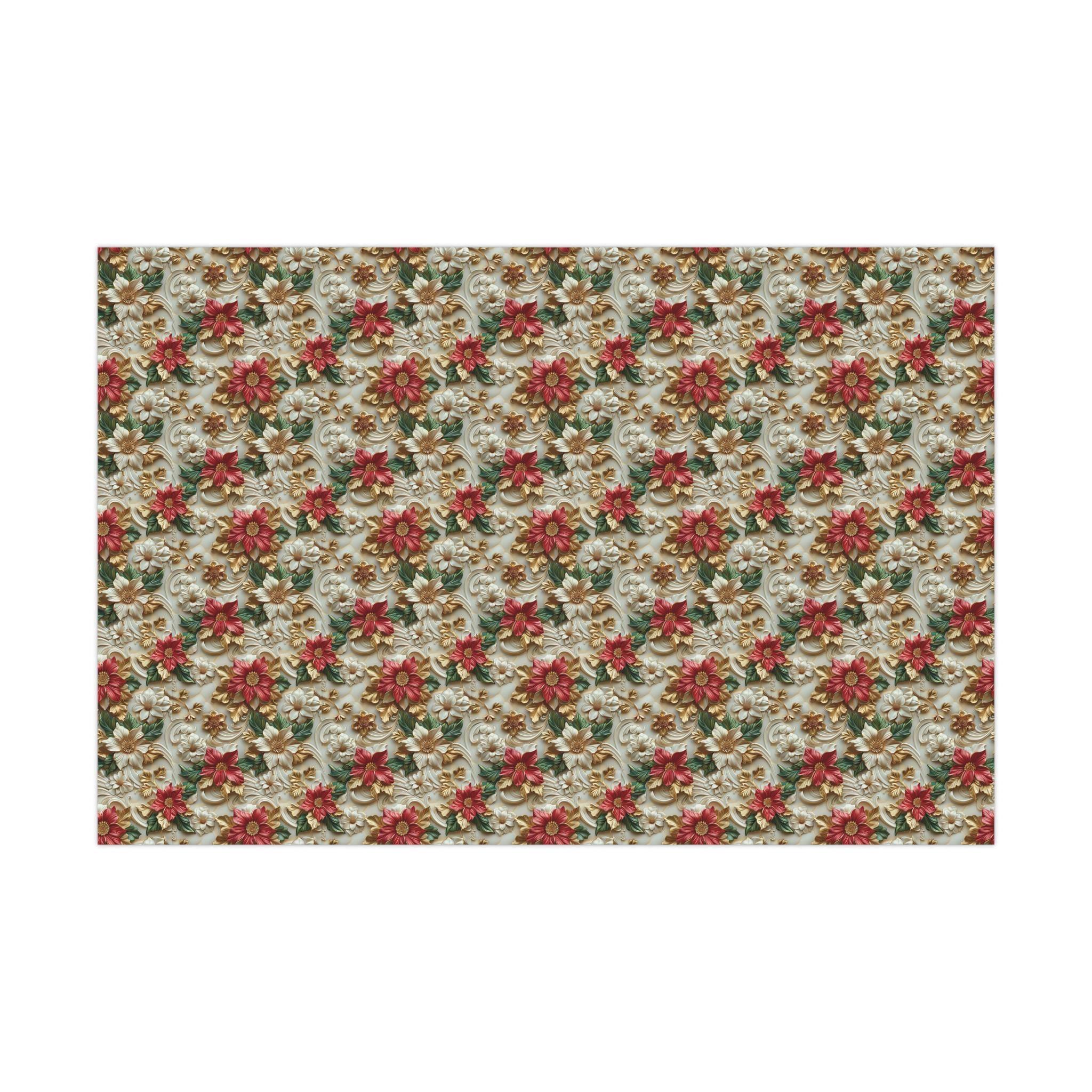 Luxurious 3D Effect Poinsettia Christmas Wrapping Paper – Red and White Flowers with Gold Accents for Elegant Holiday Gift Wrap