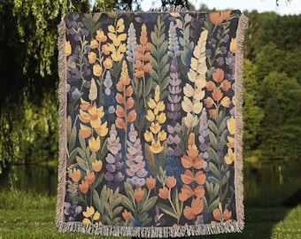 Midnight Wildflower Woven Blanket | Dark Botanical Floral Throw | Cottagecore Boho Bedspread | Cozy Nature Lover Gift | Rustic Tapestry