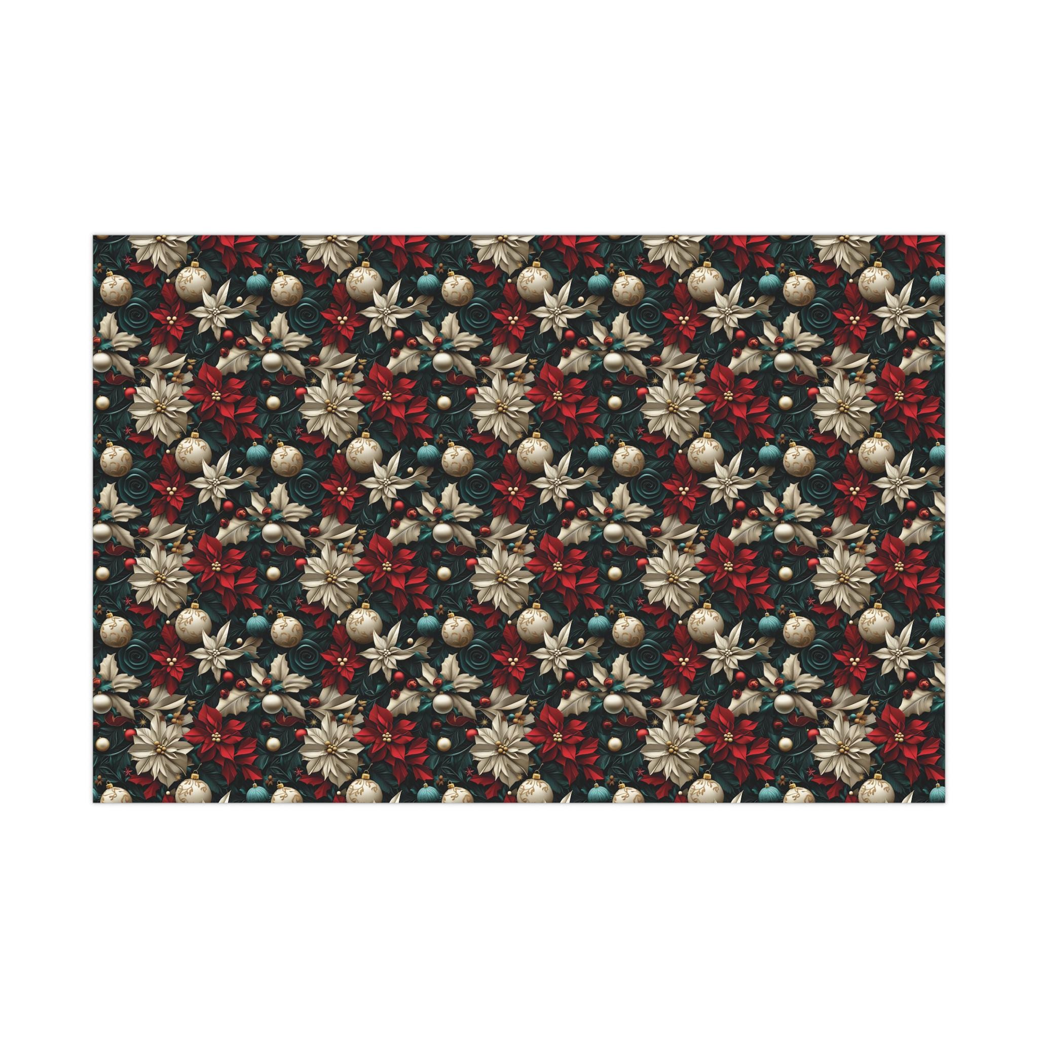 Elegant Christmas Wrapping Paper – 3D Textured Effect Poinsettias, Ornaments, and Holly Festive Holiday Gift Wrap, Unique Decorative Paper