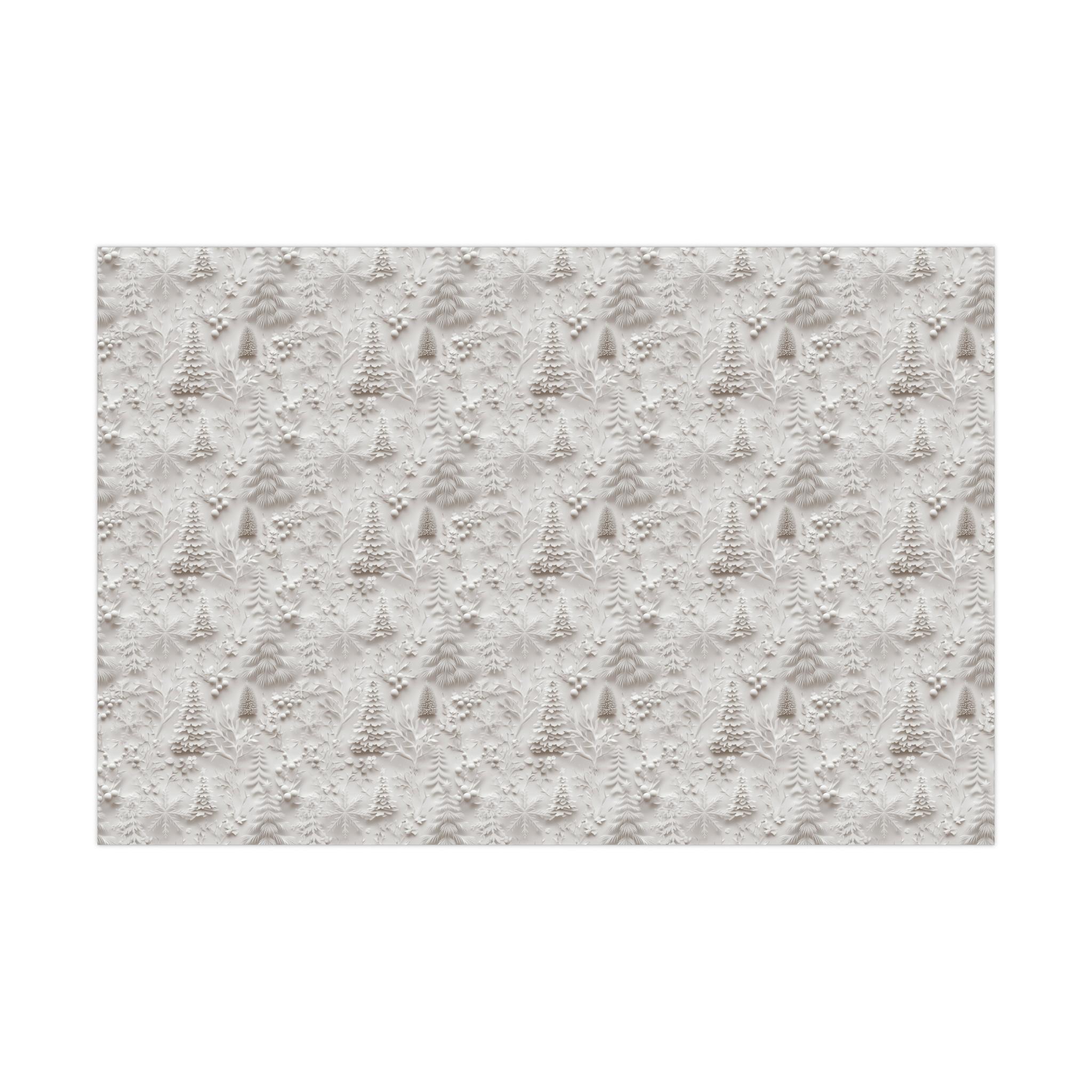 Elegant White Christmas Wrapping Paper, Faux 3D Trees and Foliage Embossed Effect for Minimalistic Holiday Gift Wrap, Decorative Paper
