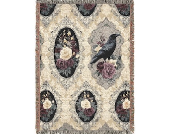 Gothic Raven Woven Throw Blanket, Dark Academia Damask Tapestry with Roses and Crow, Victorian Gothic Home Decor, Witchy Occult Gift