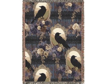 Gothic Raven Woven Throw Blanket, Dark Academia Floral Tapestry with Roses and Full Moon, Crow Lover Gift, Occult Witchy Decor