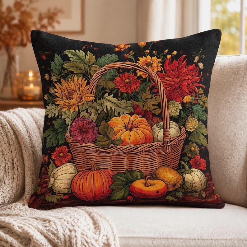 Puede incluir: Un coj&iacute;n cuadrado con fondo negro que presenta una ilustraci&oacute;n impresa de una cesta de mimbre llena de calabazas naranjas, girasoles amarillos, dalias rojas y hojas verdes. Otras calabazas y calabacines est&aacute;n dispuestos en la base.