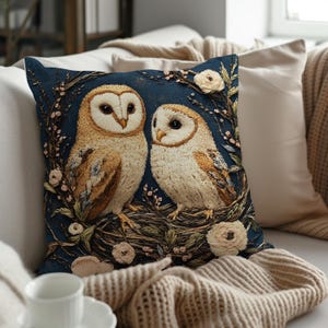 Barn Owl Embroidered Effect Throw Pillow Cover + Insert, Cottagecore Woodland Decor, Nature-Inspired Cushion, Romantic Forest Animal Accent