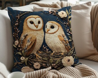 Barn Owl Embroidered Effect Throw Pillow Cover + Insert, Cottagecore Woodland Decor, Nature-Inspired Cushion, Romantic Forest Animal Accent