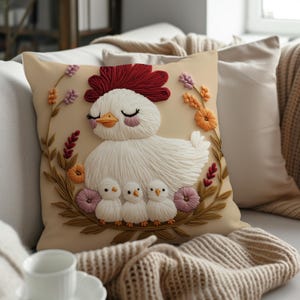 Mother Hen with Chicks Embroidered Throw Pillow Cover with Insert, Farmhouse Chicken Decor, Cozy Cottagecore Cushion, Rustic Nursery Accent