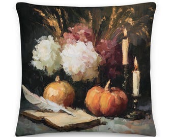 Autumn Still Life Throw Pillow Cover: Vintage Candlelight, Moody Floral Decor
