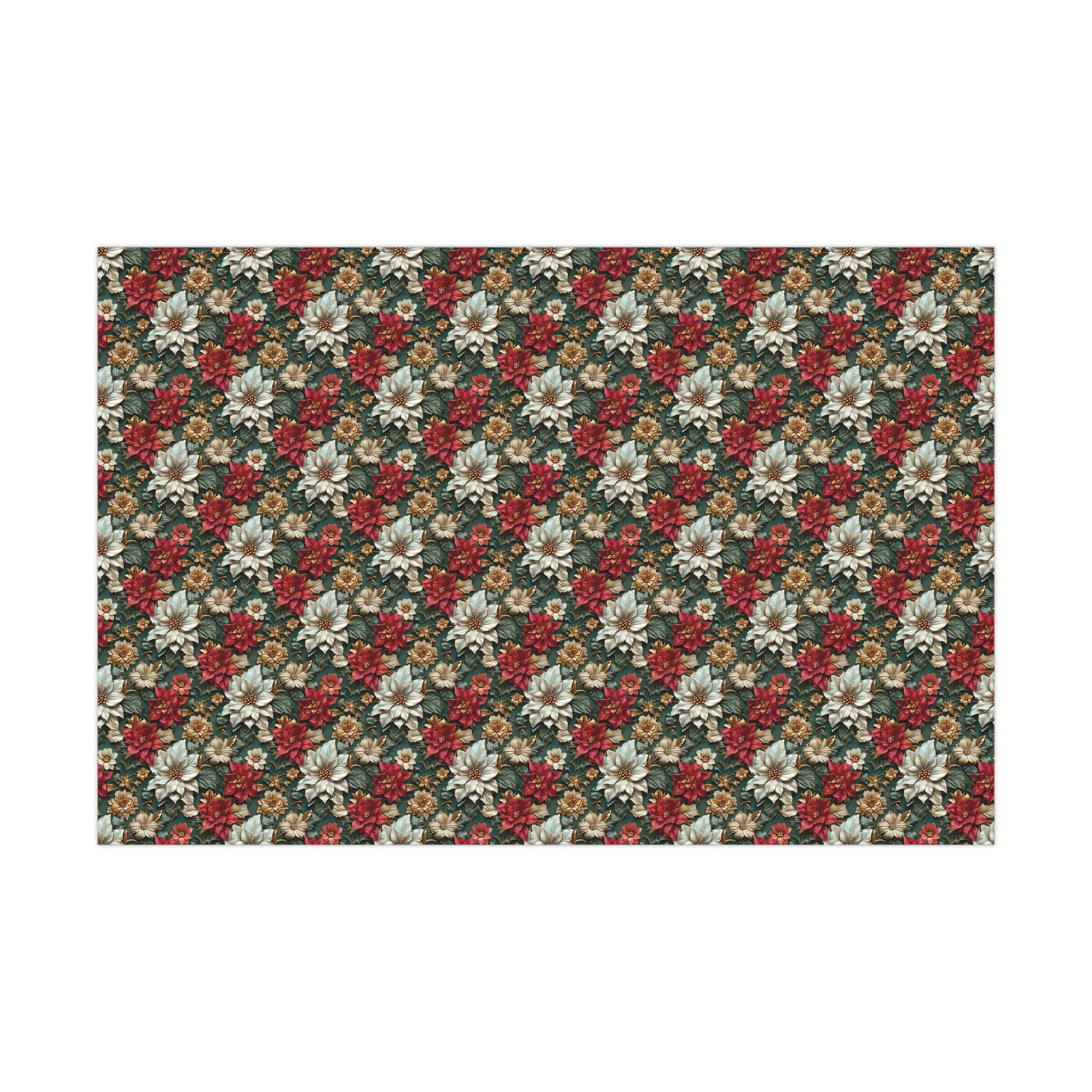 Elegant 3D Effect Poinsettia Christmas Wrapping Paper, Red, White & Gold Floral Design on Green Background for Luxurious Holiday Gift Wrap
