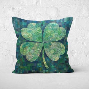 Mosaic Clover Throw Pillow Cover + Insert, St. Patrick’s Day Shamrock Cushion, Green Irish Decor, Lucky Four-Leaf Clover Art, Celtic Accent