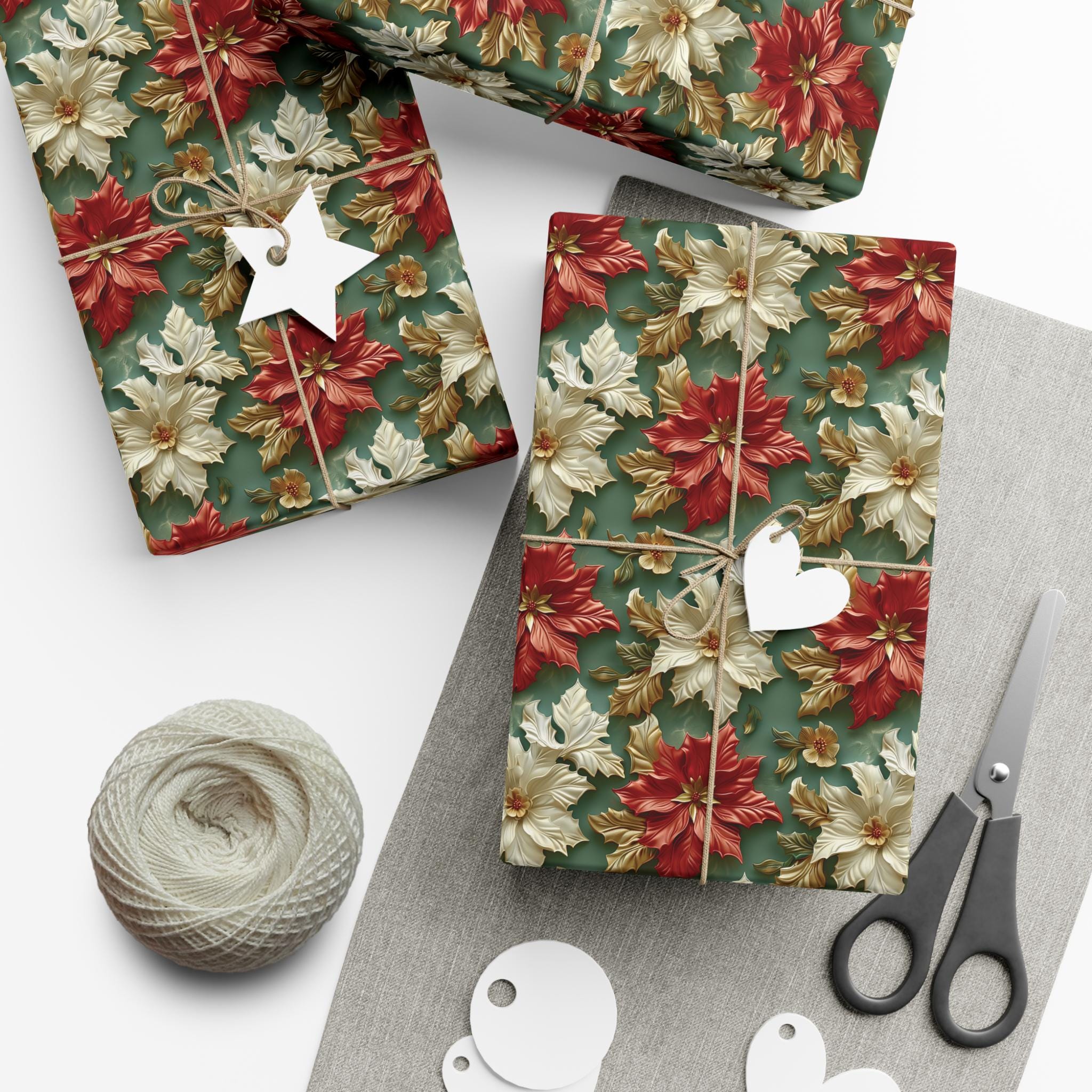 Elegant Poinsettia Christmas Wrapping Paper, Red & White Floral Design with Gold Accents on Green Background for Luxurious Holiday Gift Wrap