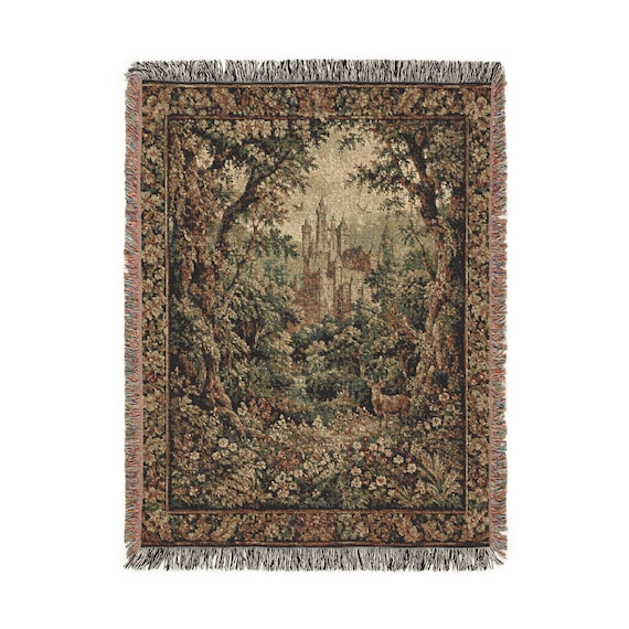Medieval Forest Castle Tapestry, Gothic Verdure Wall Hanging, Extra Large Vintage Castlecore Wall Decor